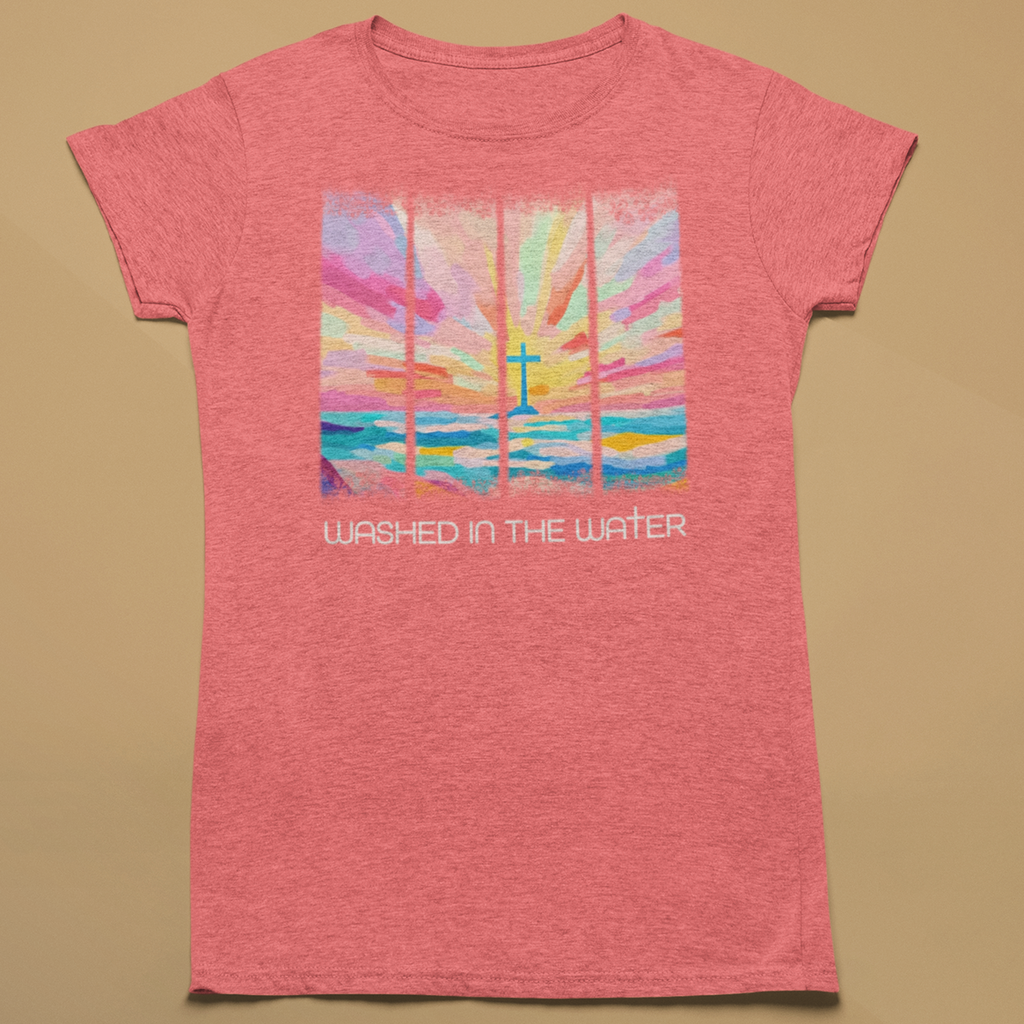 Red t-shirt with a colorful graphic and text on a beige background