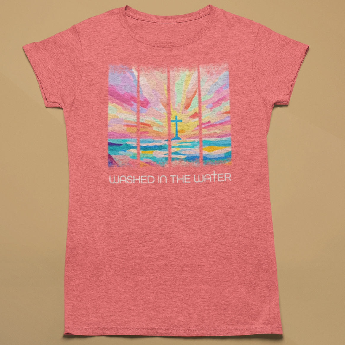 Red t-shirt with a colorful graphic and text on a beige background
