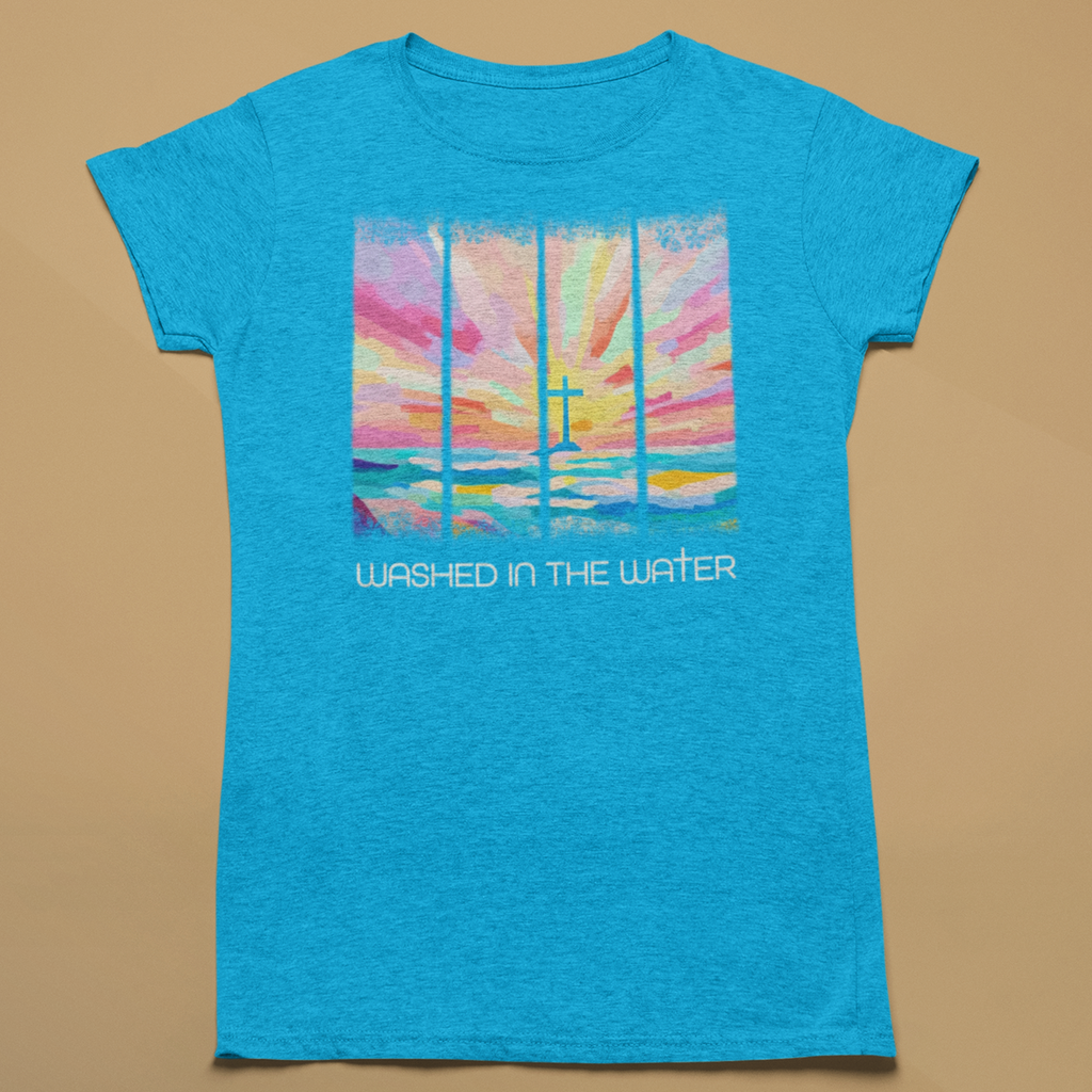 Blue t-shirt with a colorful graphic and text on a beige background