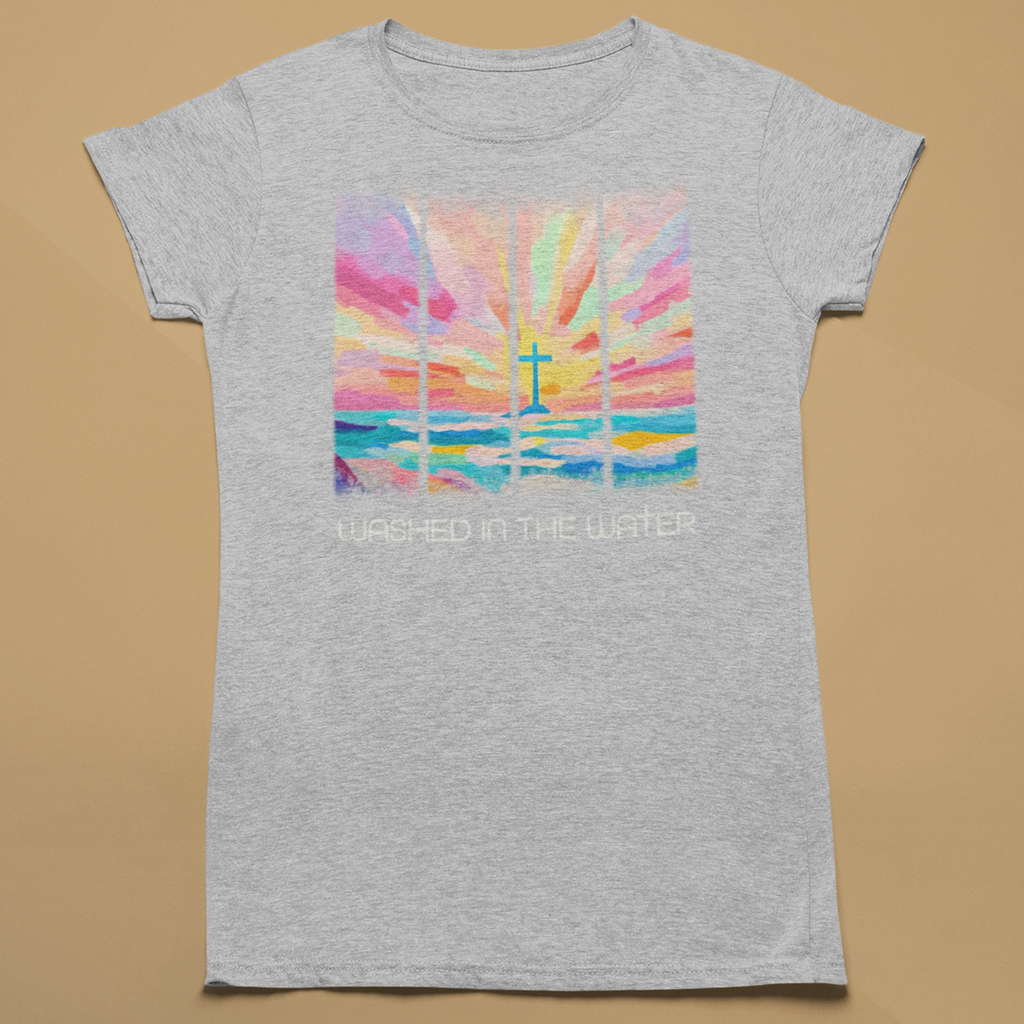 Gray t-shirt with a colorful graphic and text on a beige background