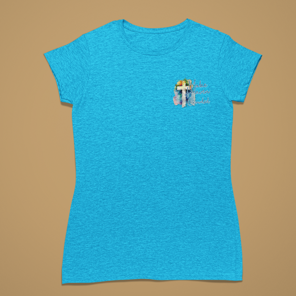 Blue t-shirt with a small graphic on a brown background