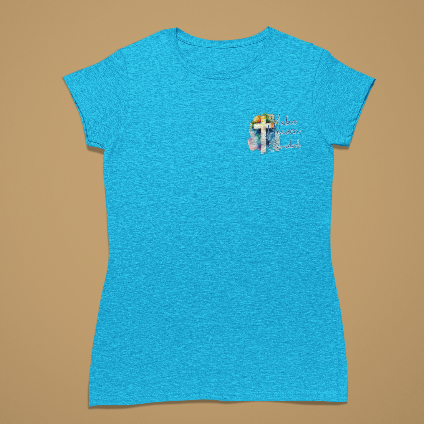 Blue t-shirt with a small graphic on a brown background