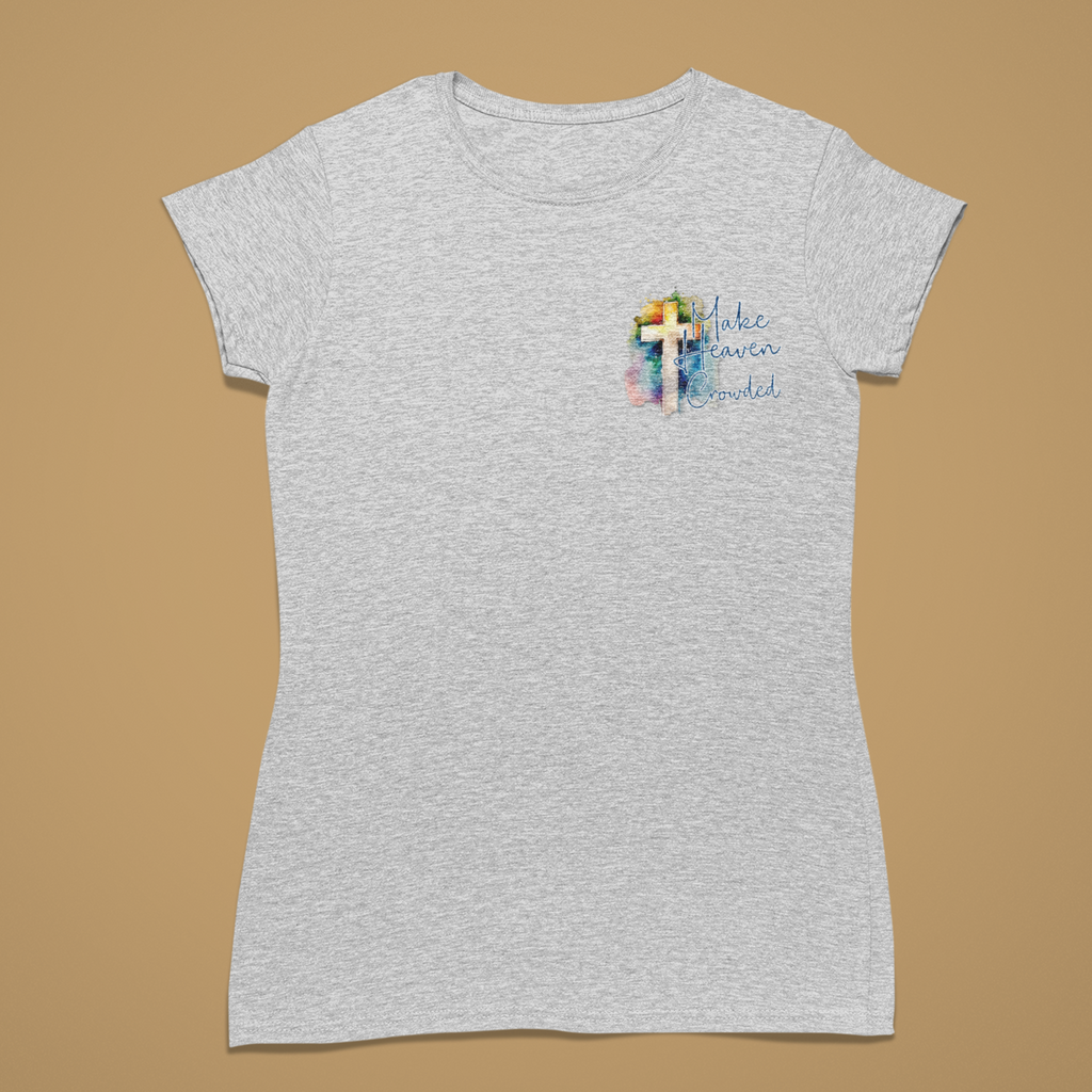 Gray t-shirt with a small colorful design on a brown background