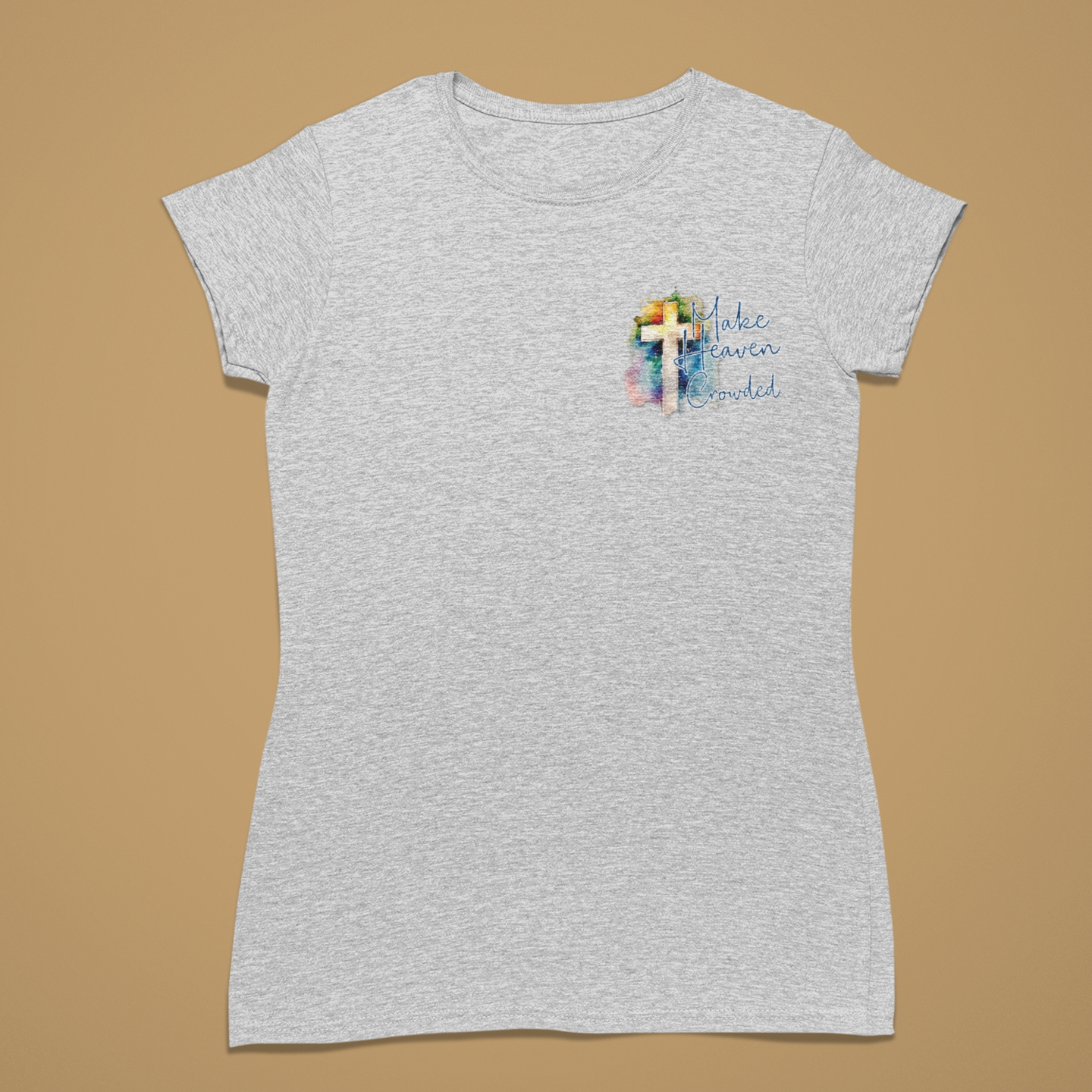 Gray t-shirt with a small colorful design on a brown background