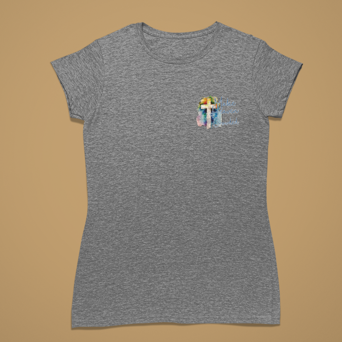 Gray t-shirt with a small logo on a brown background