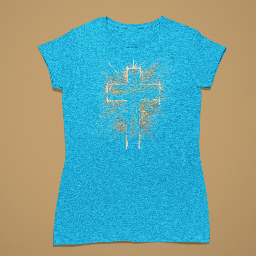 Blue t-shirt with a cross design on a brown background