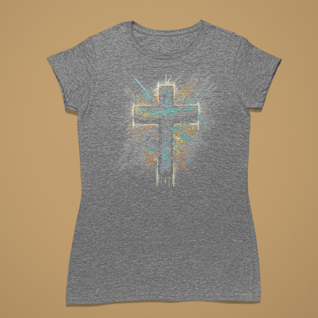 Gray t-shirt with a colorful cross design on a brown background