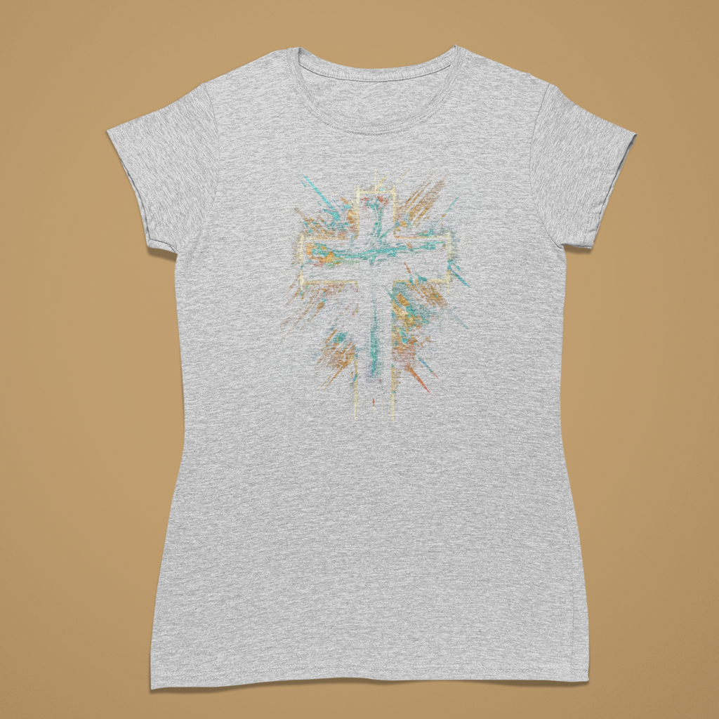 Gray t-shirt with a colorful cross design on a beige background