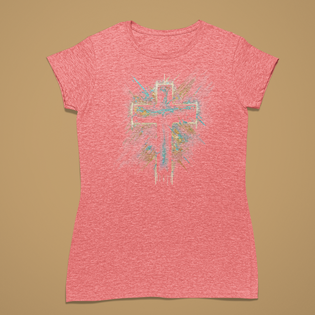 Pink t-shirt with a colorful graphic design on a brown background