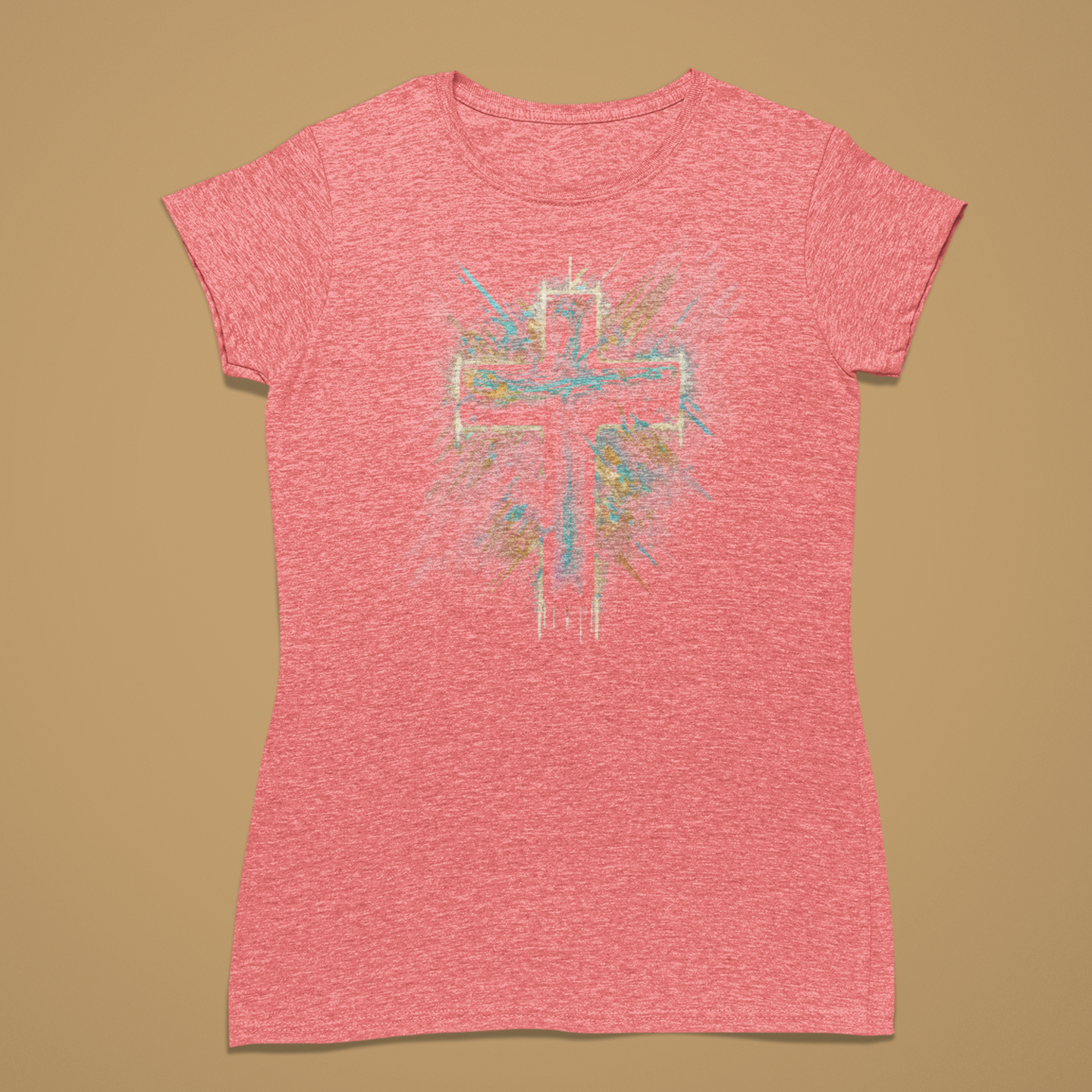 Pink t-shirt with a colorful graphic design on a brown background