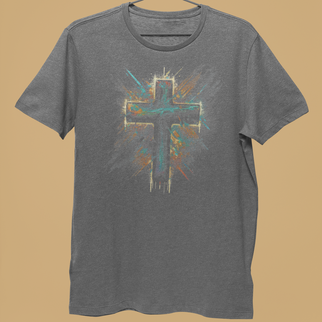 A heather gray short-sleeve t-shirt hanging on a metal hanger, held by a person's hand against a solid tan background. The shirt features a distressed graphic of a cross with teal, orange, and white paint splatter details.