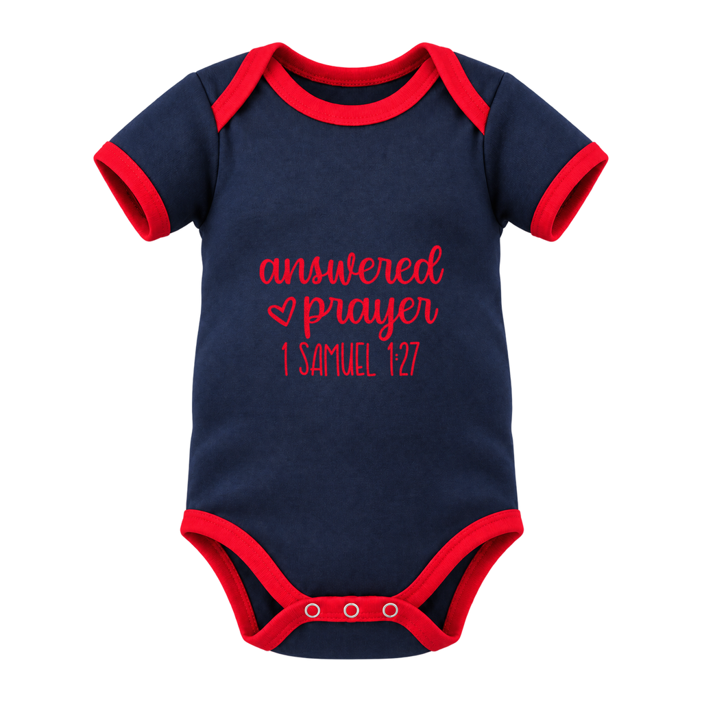 Answered Prayer baby grow, Navy with Red Trim