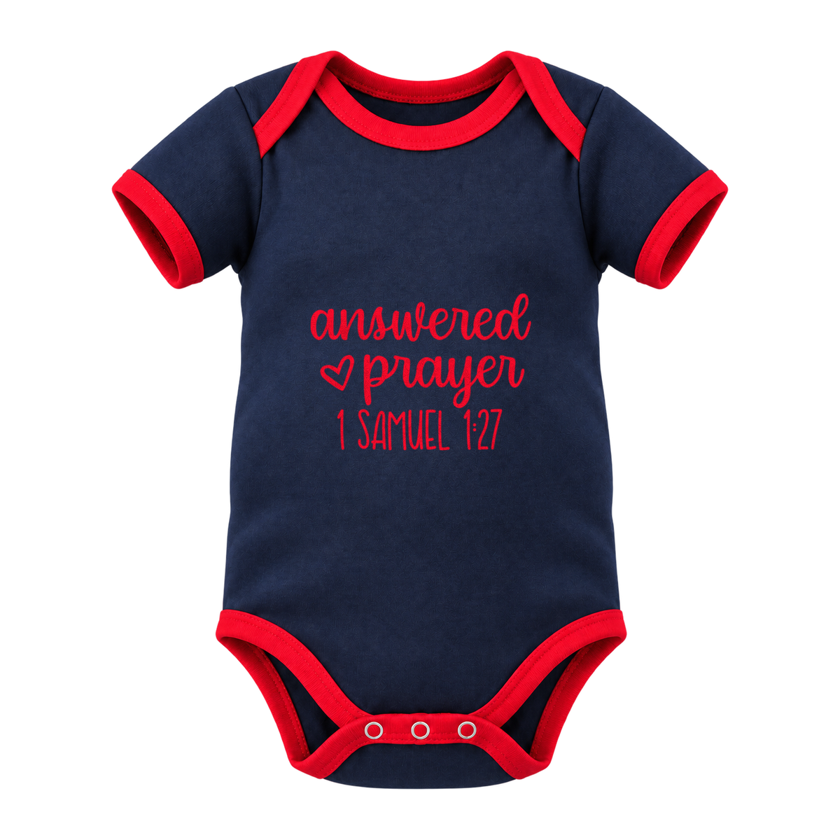 Answered Prayer baby grow, Navy with Red Trim