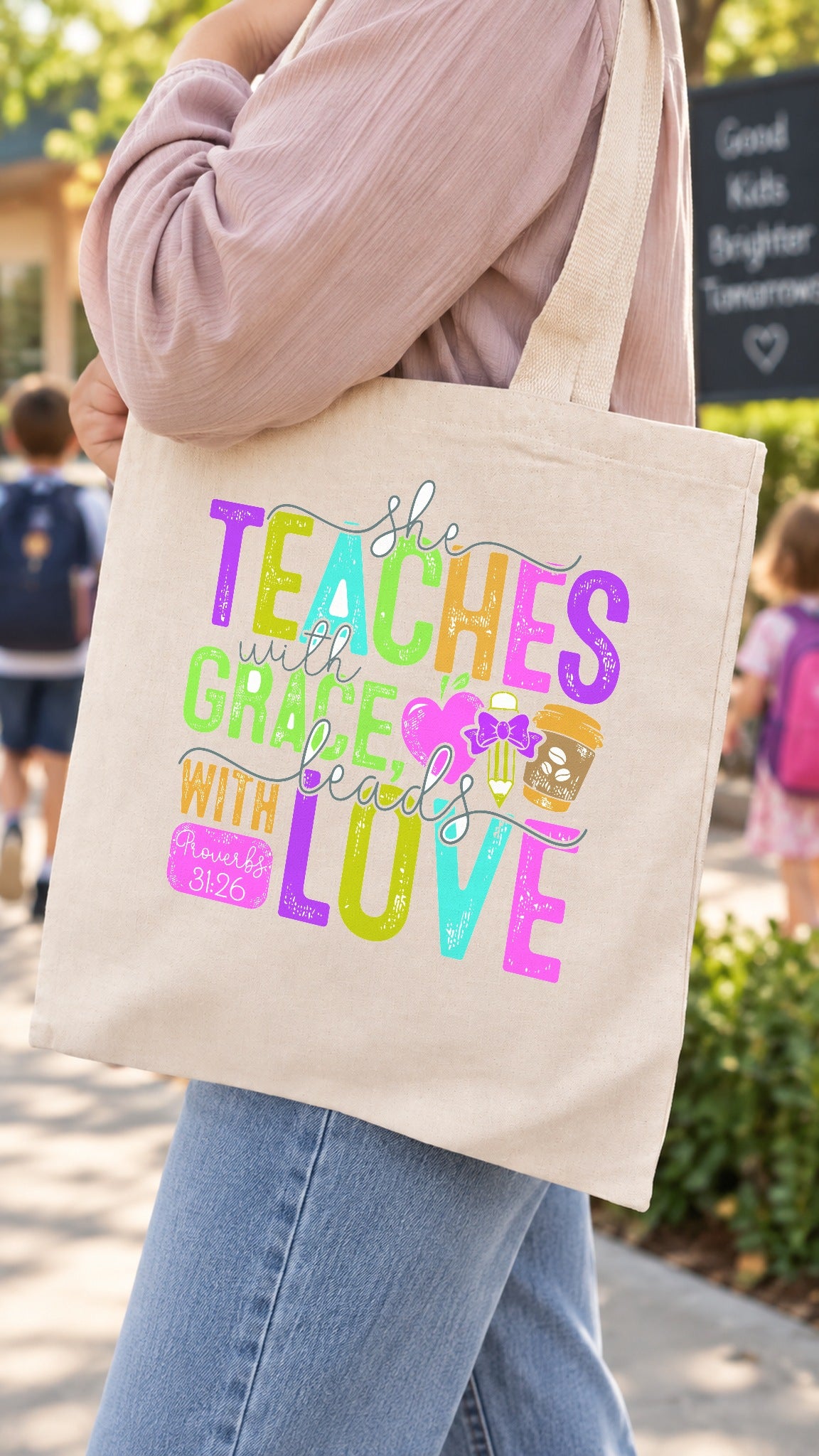 She Teaches With Grace tote bag - carried on the shoulder