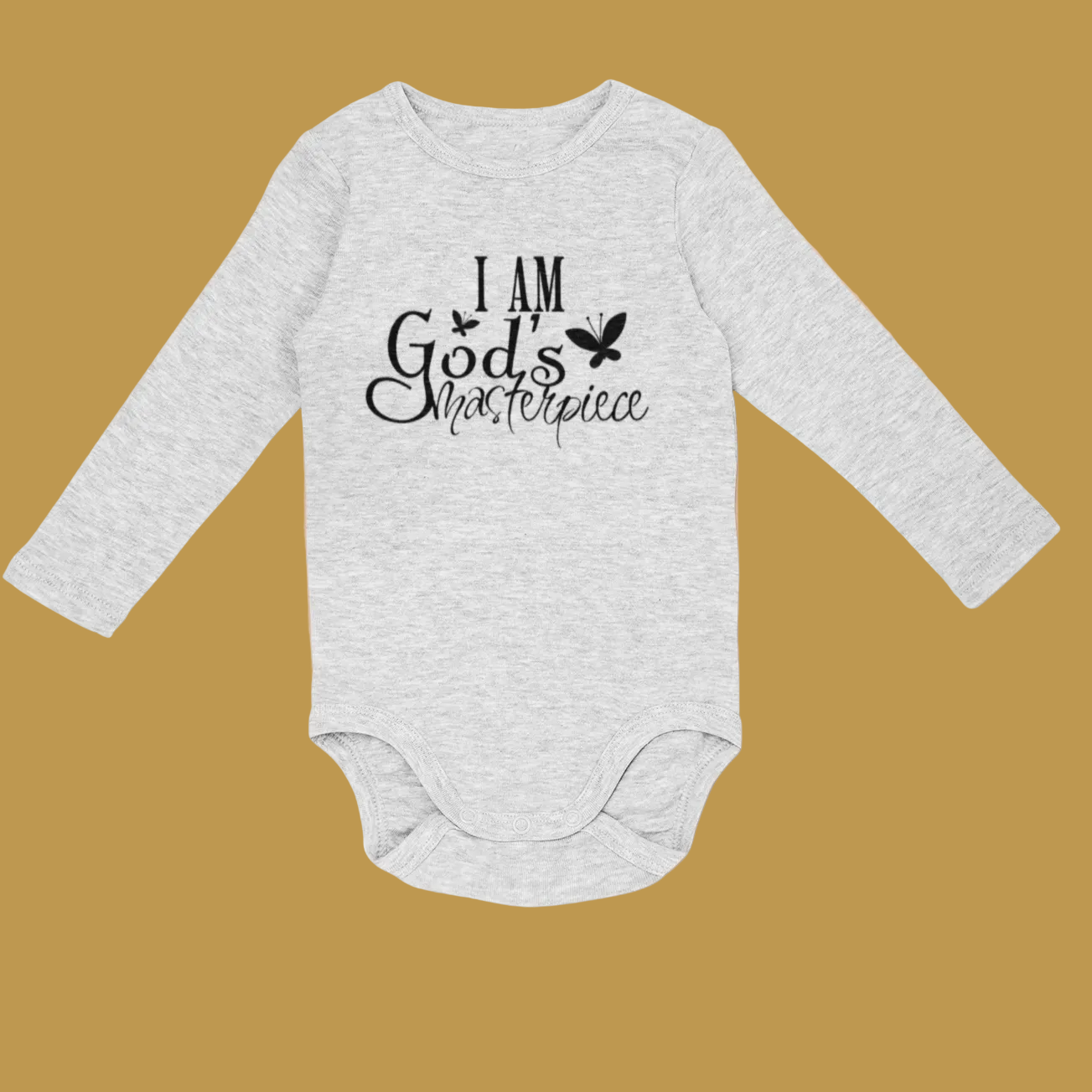 Light grey melange long sleeve baby grow printed with I Am God's Masterpiece and butterflies, laid flat.
