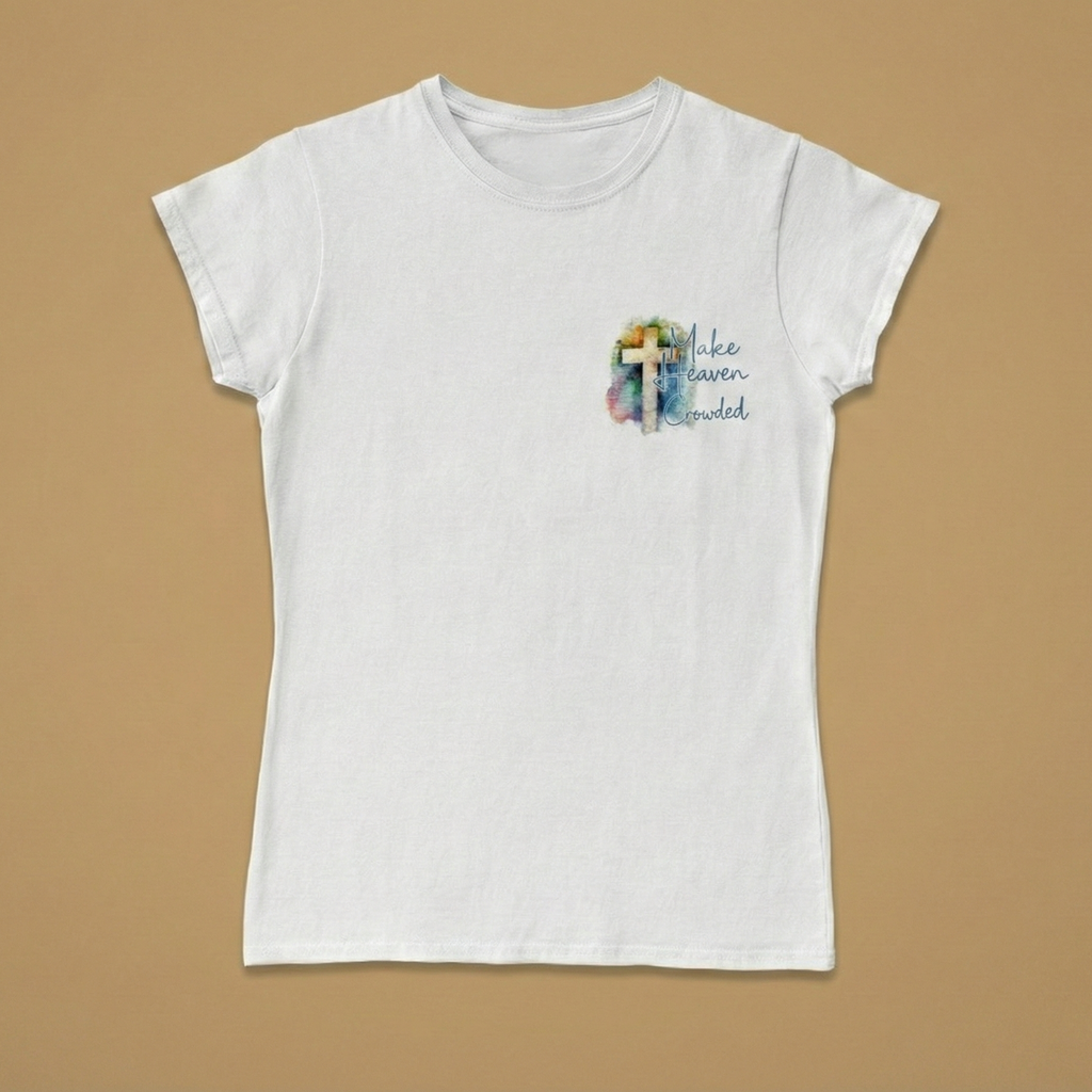 White t-shirt with a small graphic and text on a beige background