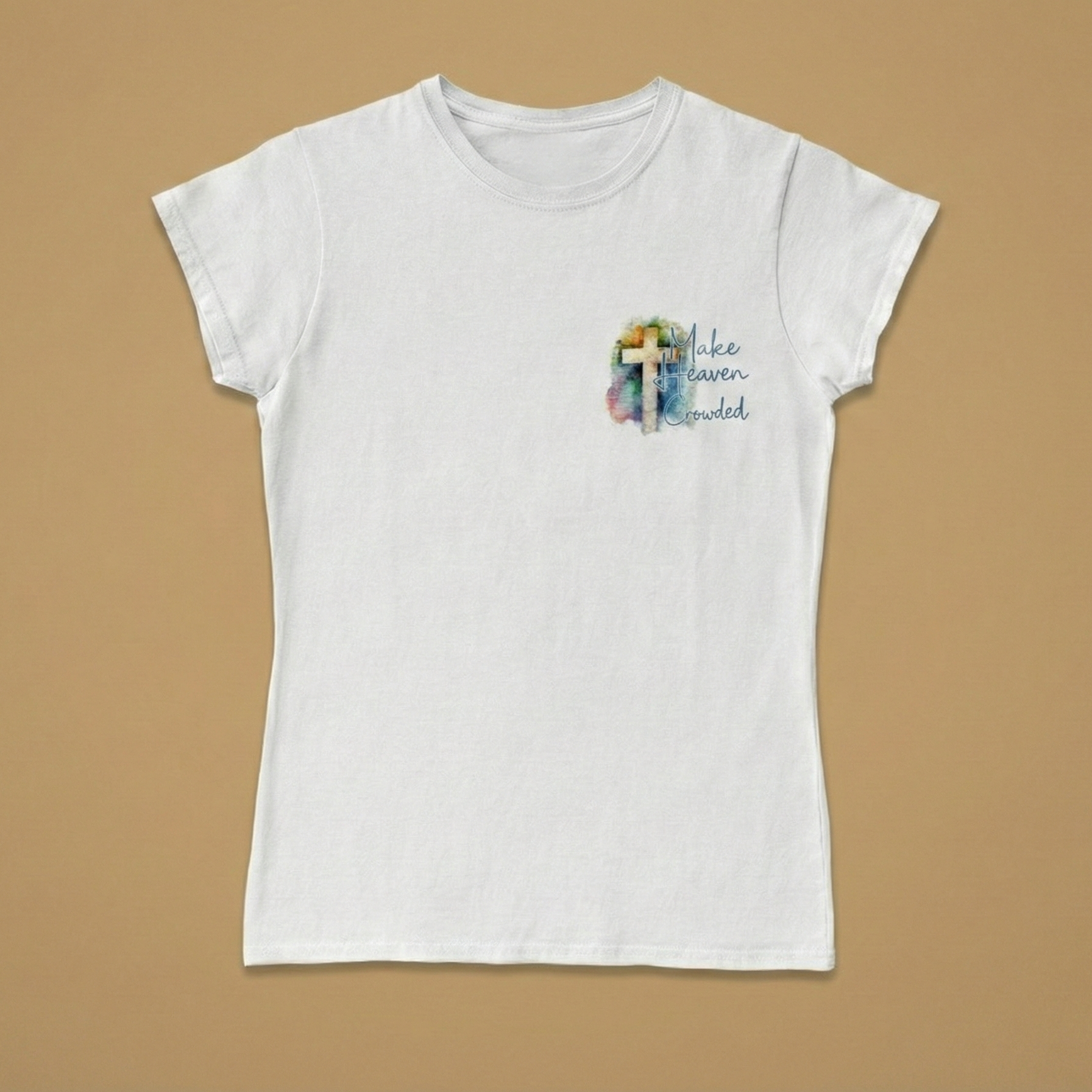 White t-shirt with a small graphic and text on a beige background