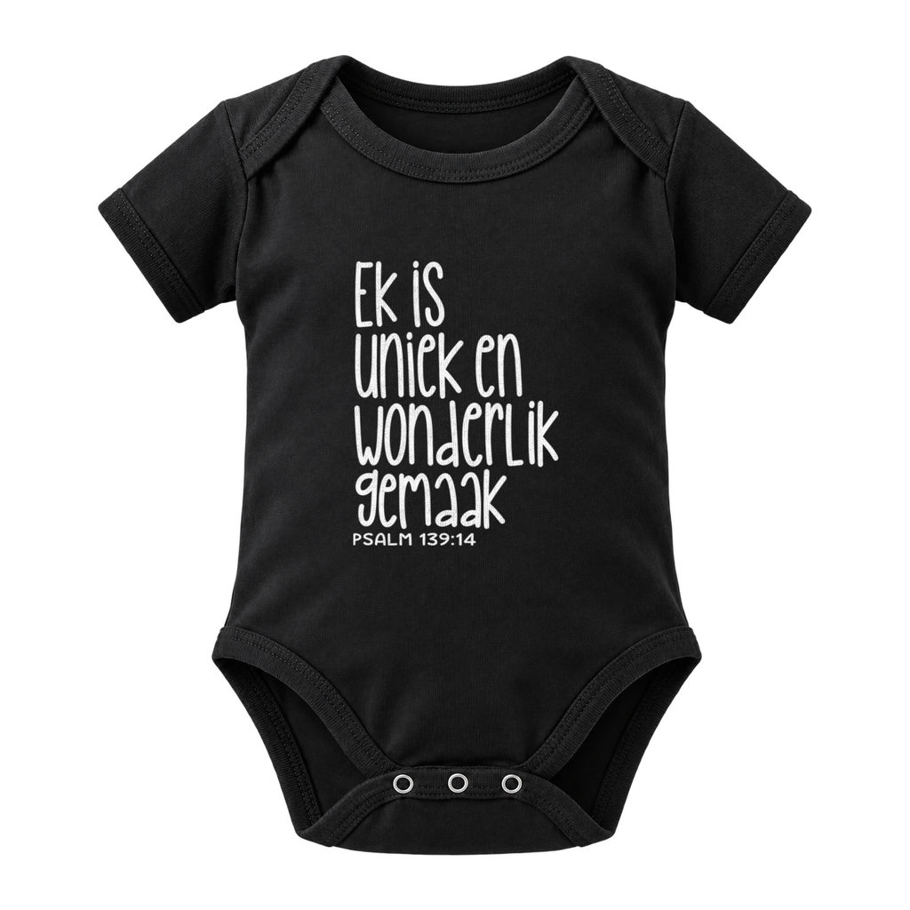 Ek Is Uniek En Wonderlik Gemaak baby grow, Black