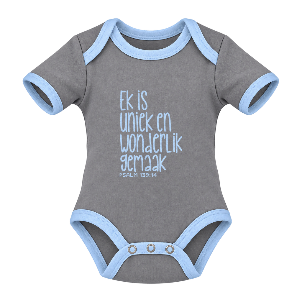 Ek Is Uniek En Wonderlik Gemaak baby grow, Grey and Blue
