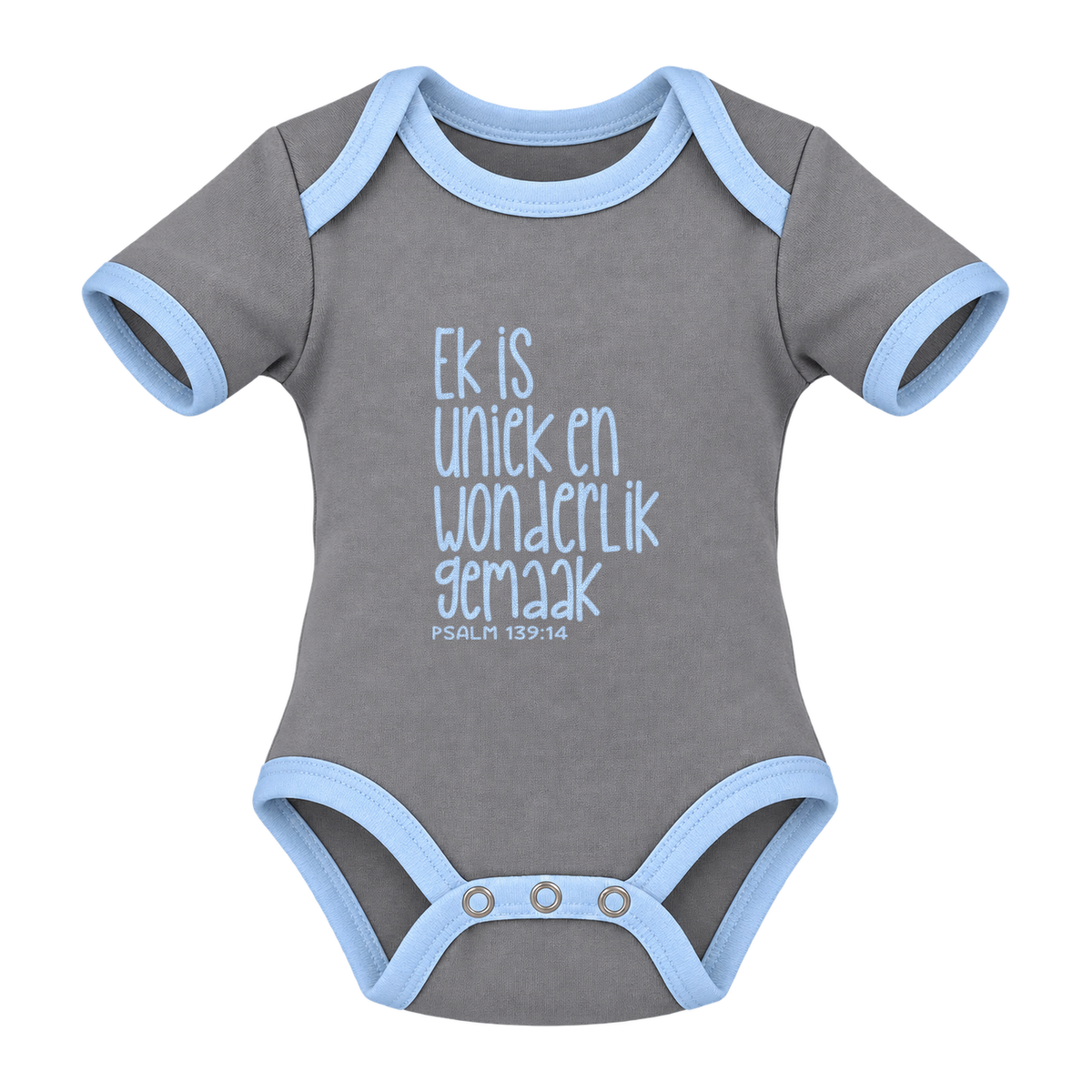 Ek Is Uniek En Wonderlik Gemaak baby grow, Grey and Blue