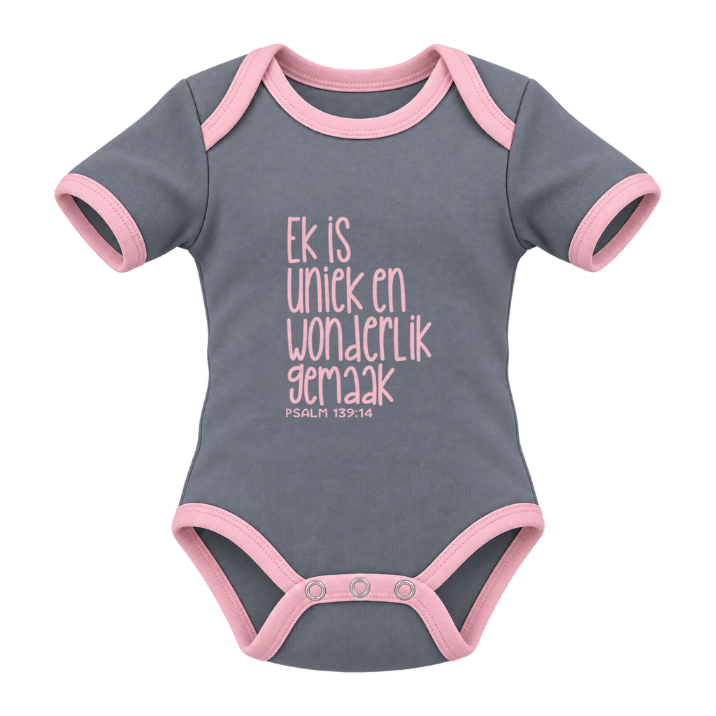 Ek Is Uniek En Wonderlik Gemaak baby grow, Grey and Pink