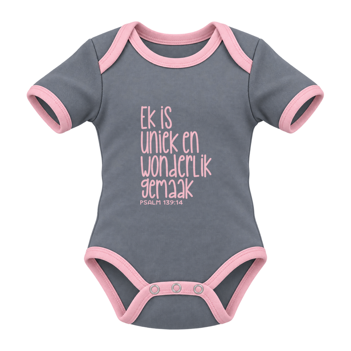Ek Is Uniek En Wonderlik Gemaak baby grow, Grey and Pink