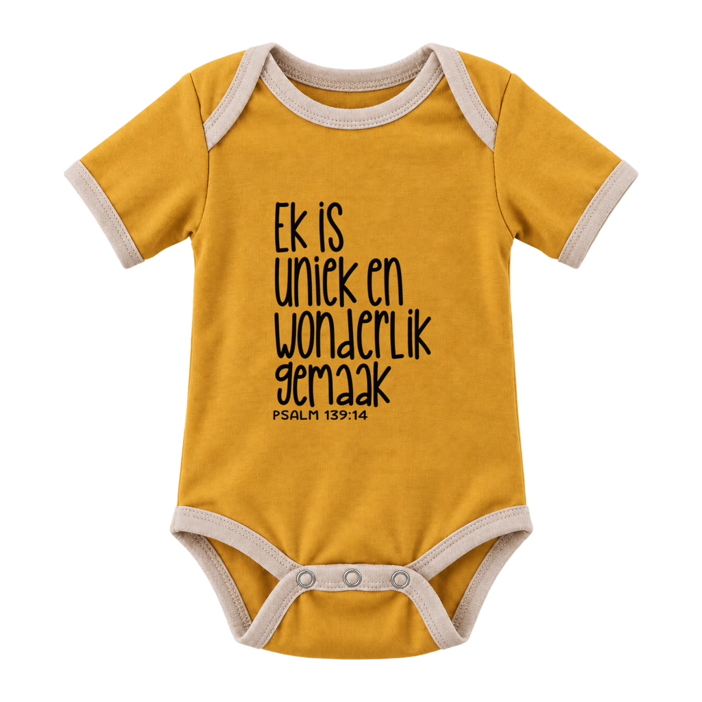 Ek Is Uniek En Wonderlik Gemaak baby grow, Mustard