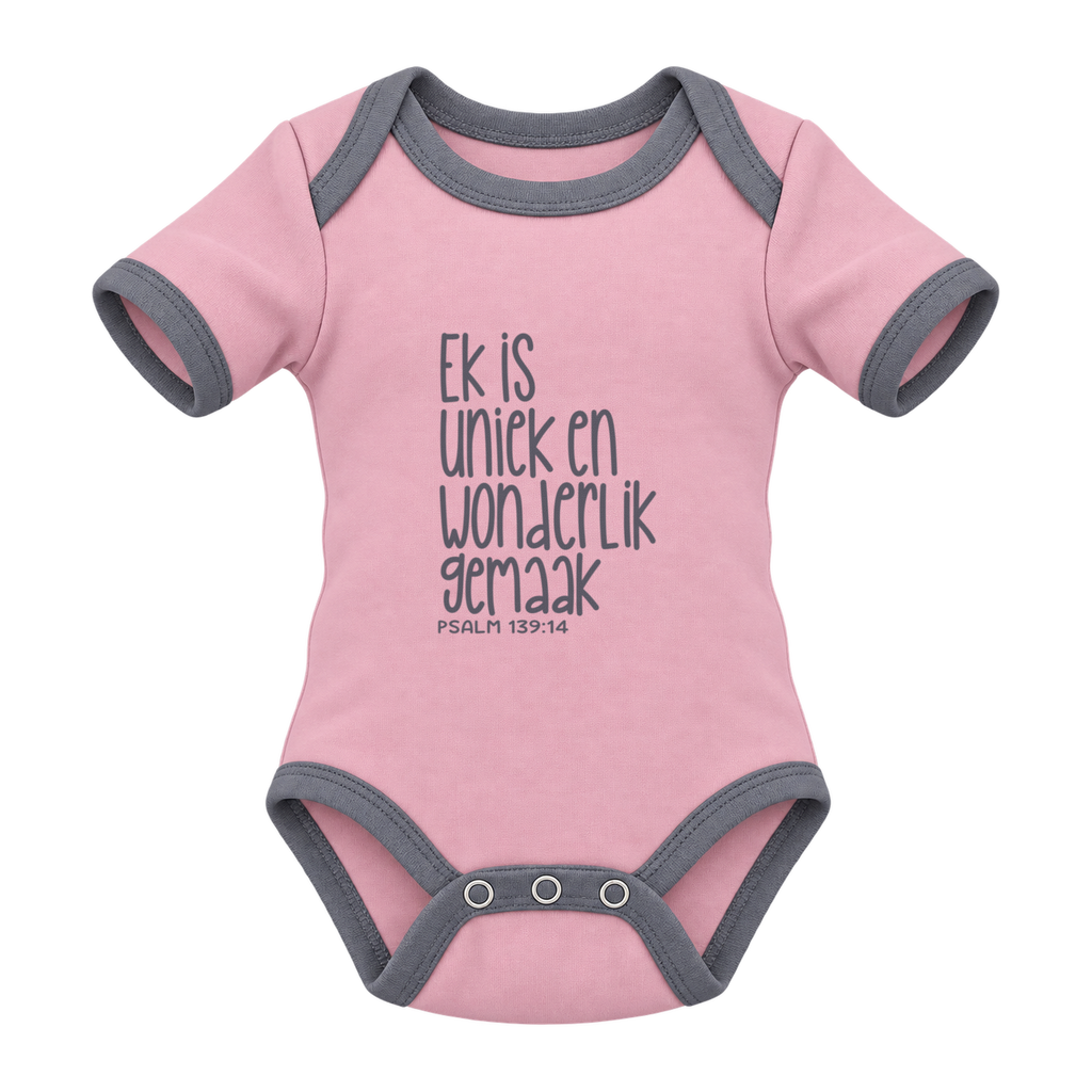 Ek Is Uniek En Wonderlik Gemaak baby grow, Pink and Grey
