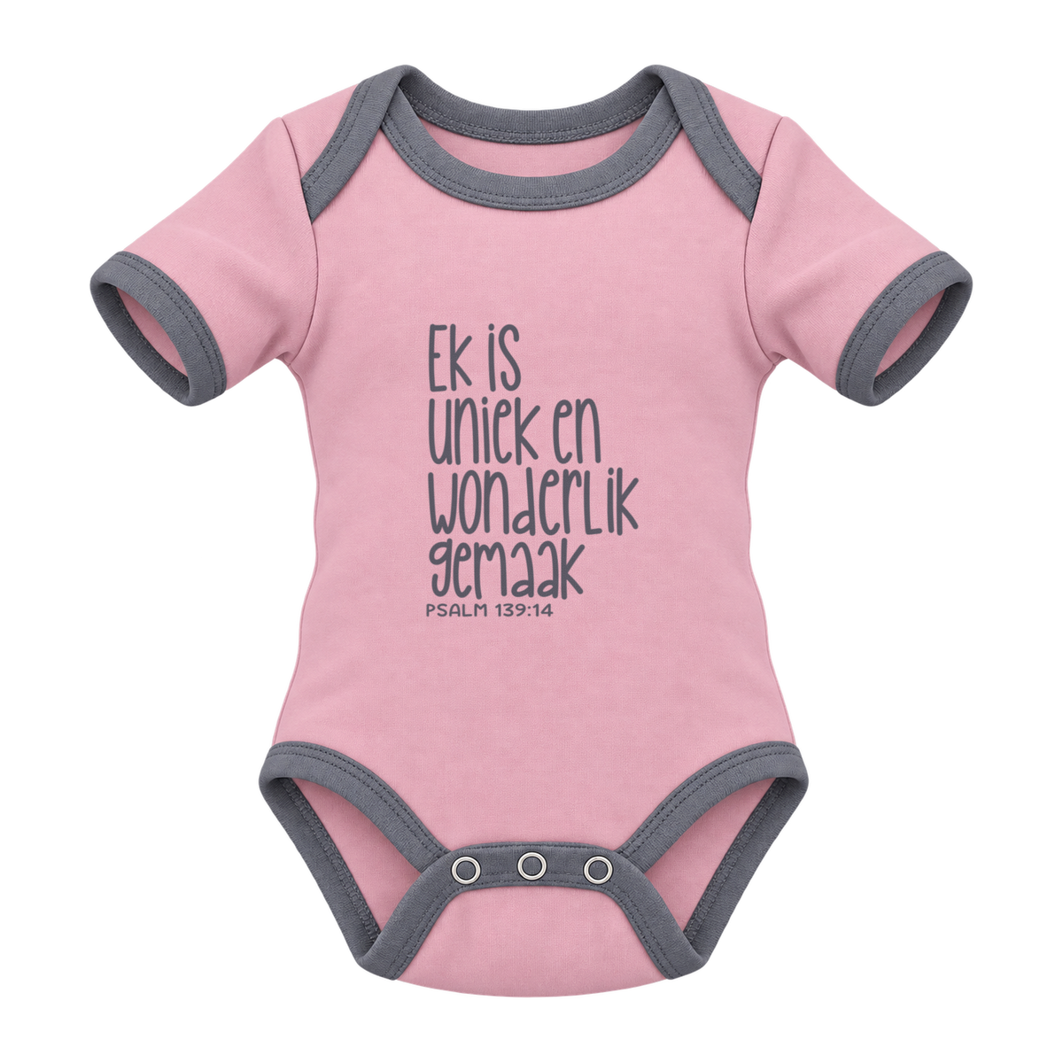 Ek Is Uniek En Wonderlik Gemaak baby grow, Pink and Grey