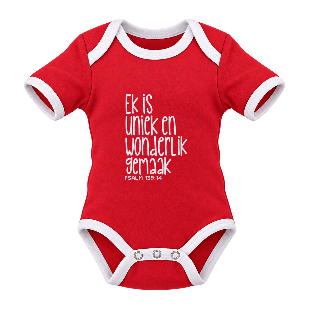 Ek Is Uniek En Wonderlik Gemaak baby grow, Red and White