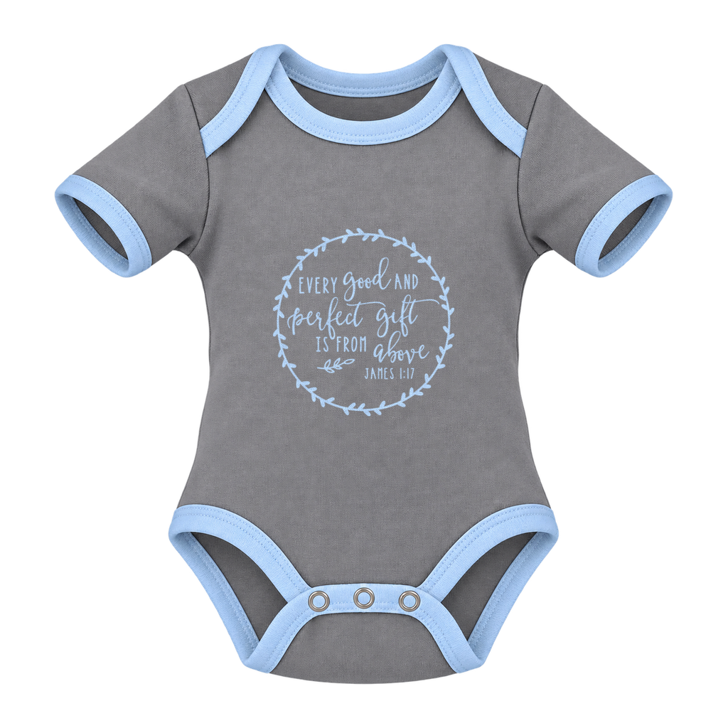 Every Good And Perfect Gift baby grow, Grey and Blue