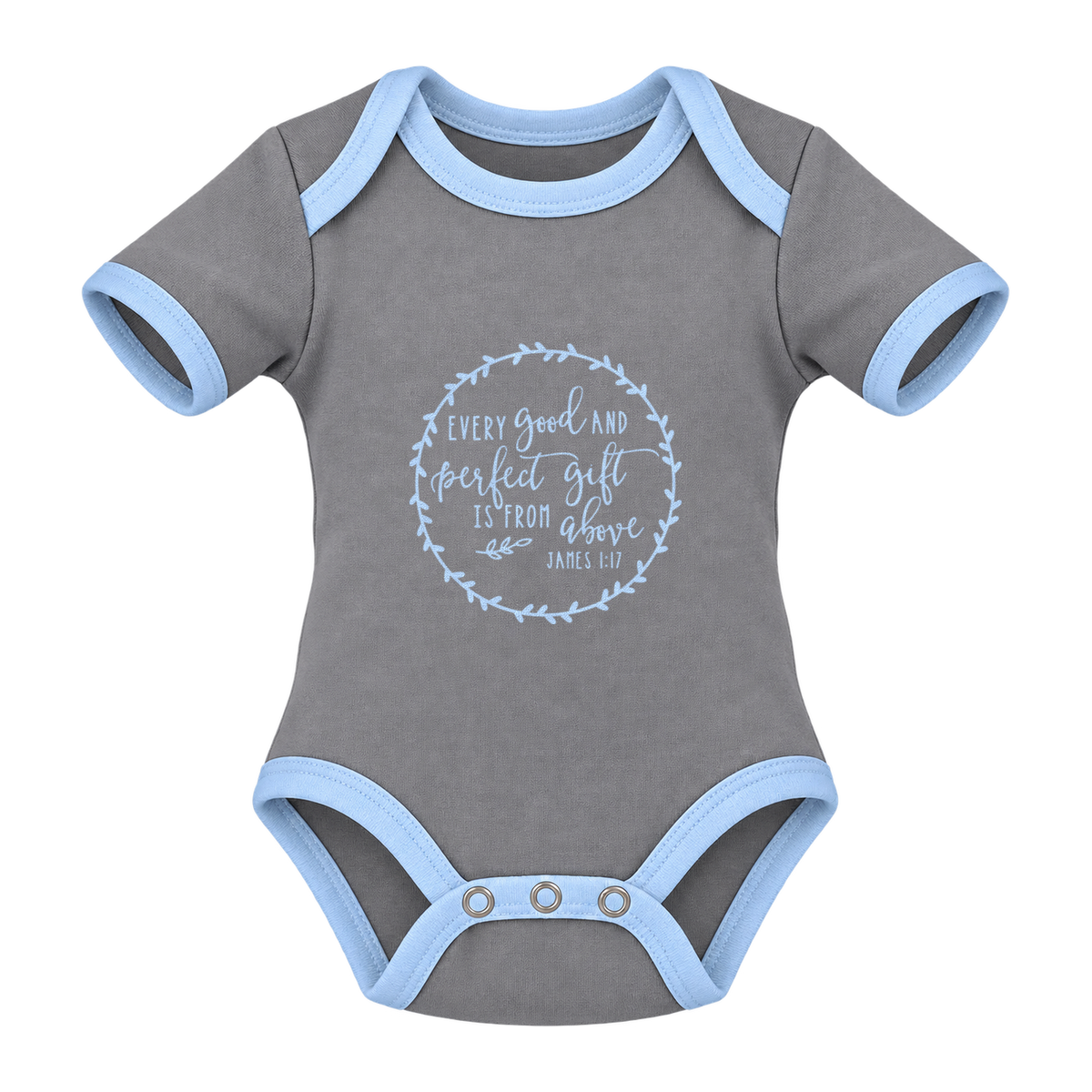 Every Good And Perfect Gift baby grow, Grey and Blue