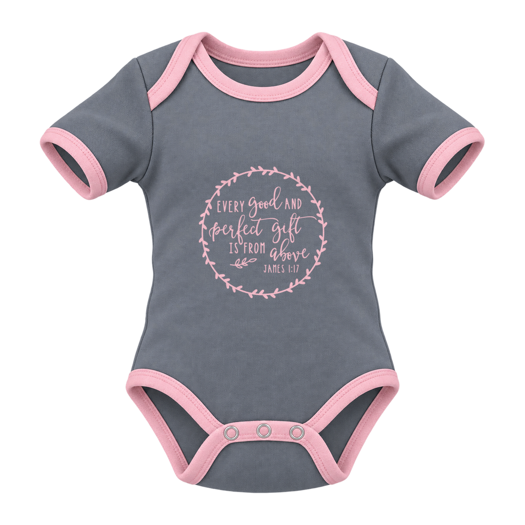 Every Good And Perfect Gift baby grow, Grey and Pink