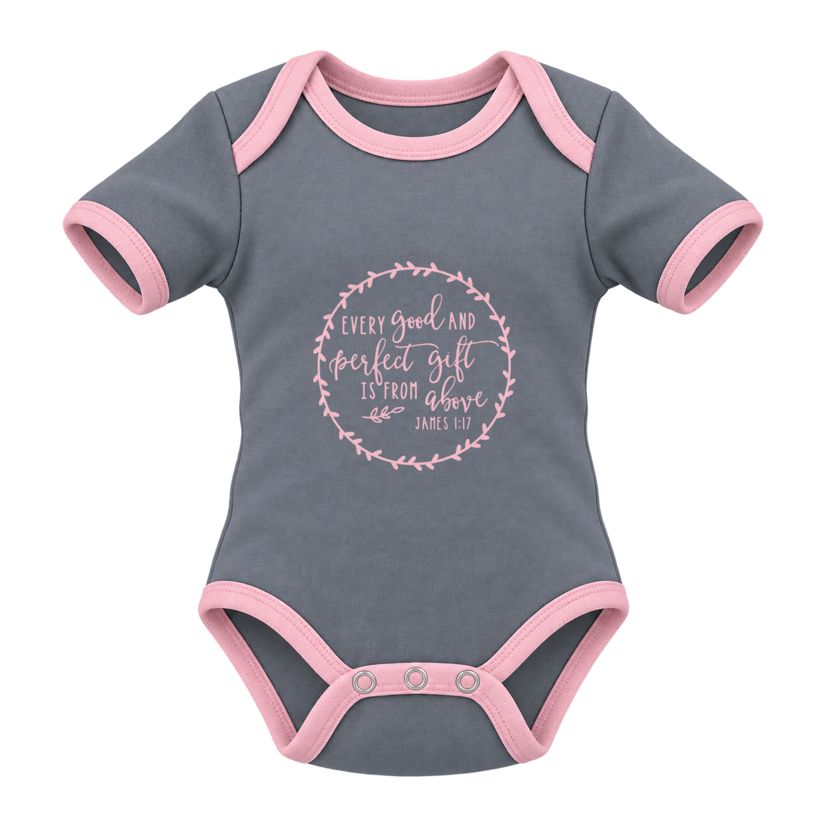 Every Good And Perfect Gift baby grow, Grey and Pink