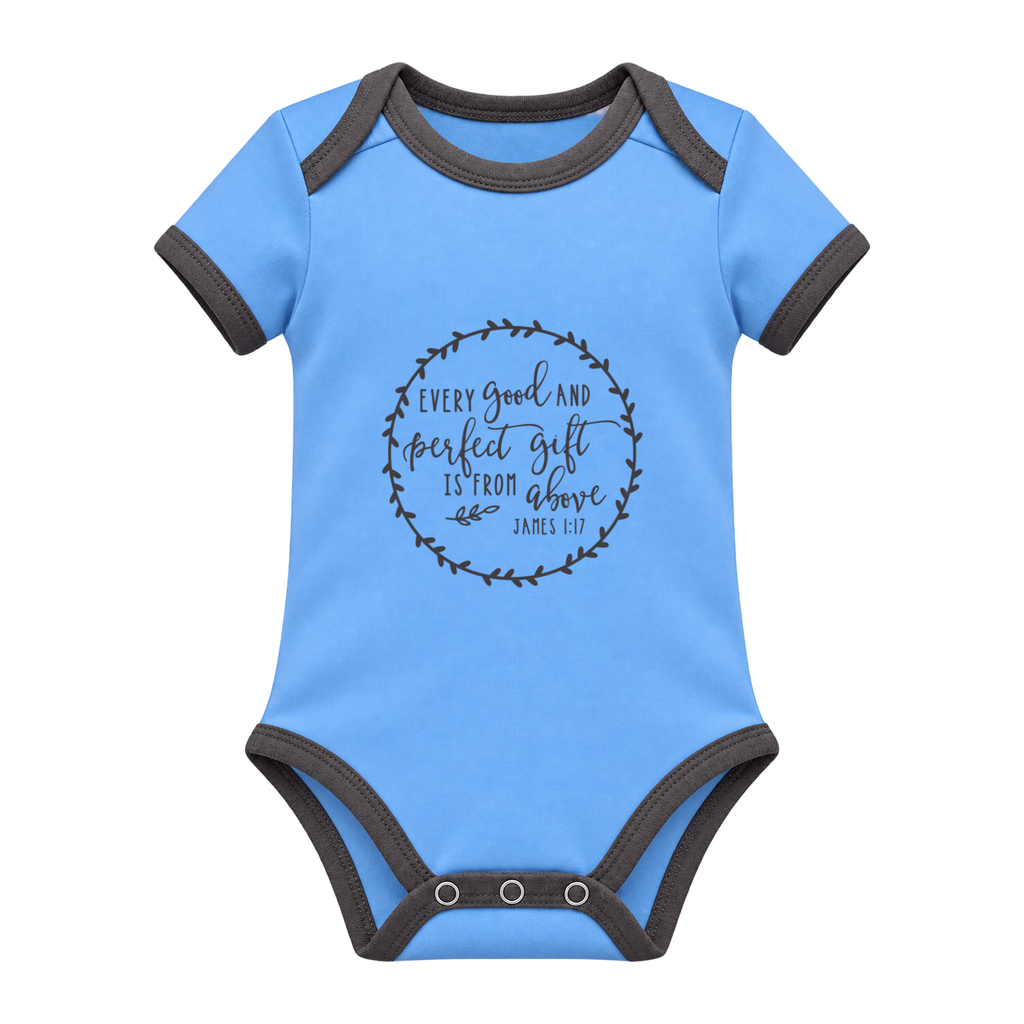 Every Good And Perfect Gift baby grow, Light Blue and Charcoal