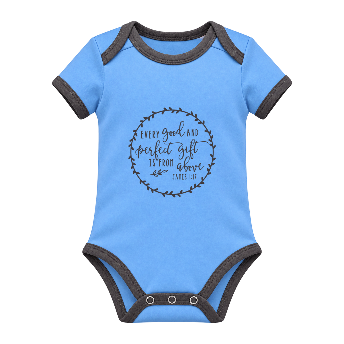 Every Good And Perfect Gift baby grow, Light Blue and Charcoal