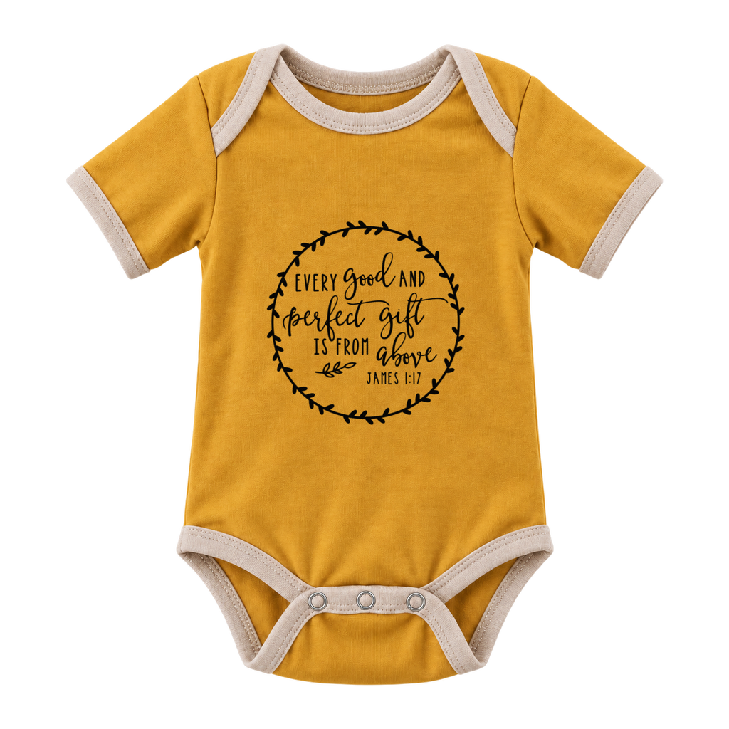 Every Good And Perfect Gift baby grow, Mustard