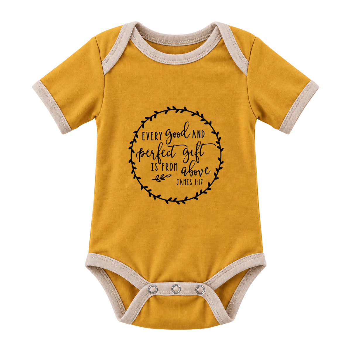 Every Good And Perfect Gift baby grow, Mustard