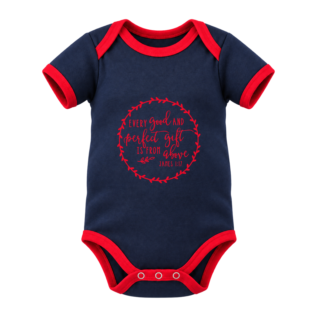 Every Good And Perfect Gift baby grow, Navy with Red Trim