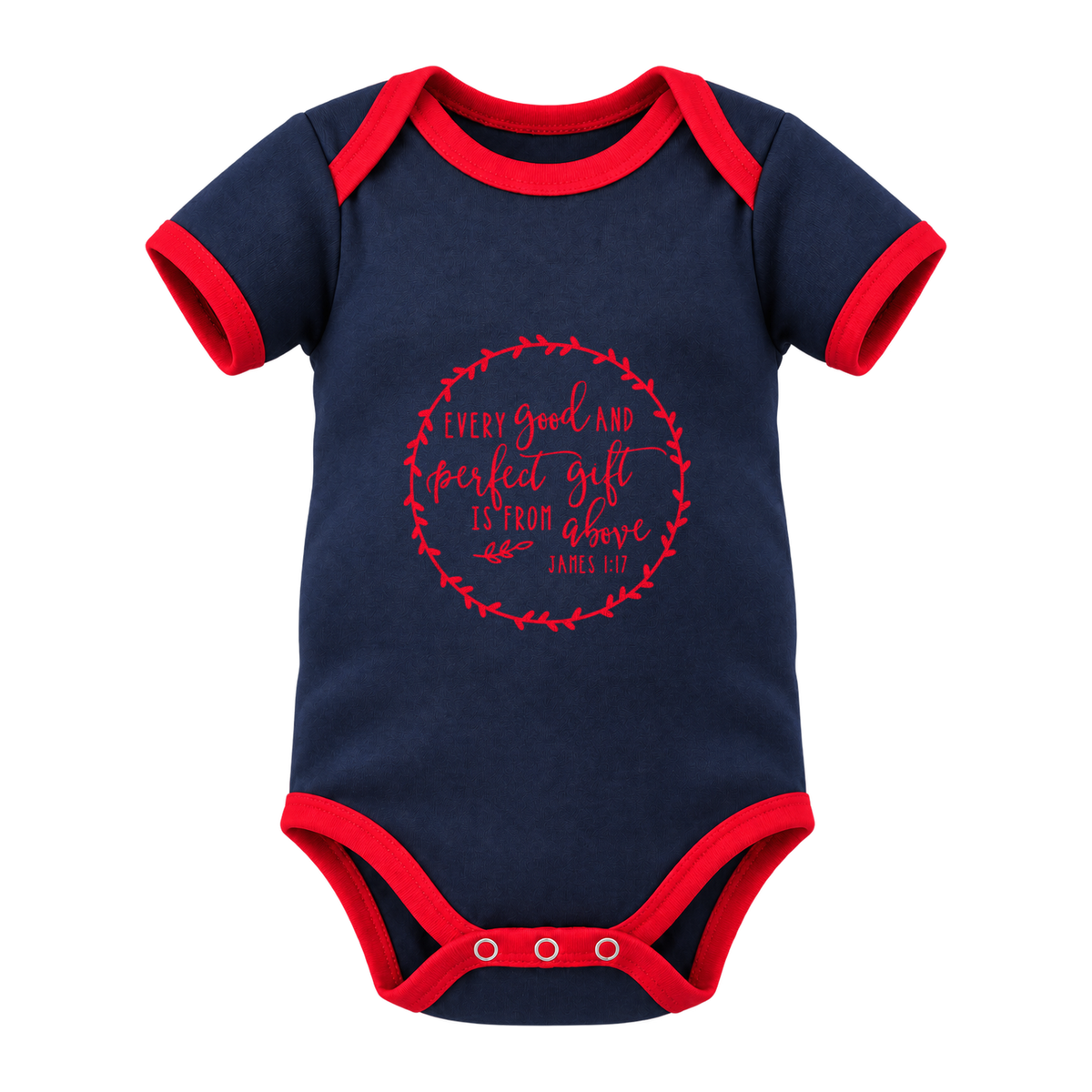 Every Good And Perfect Gift baby grow, Navy with Red Trim