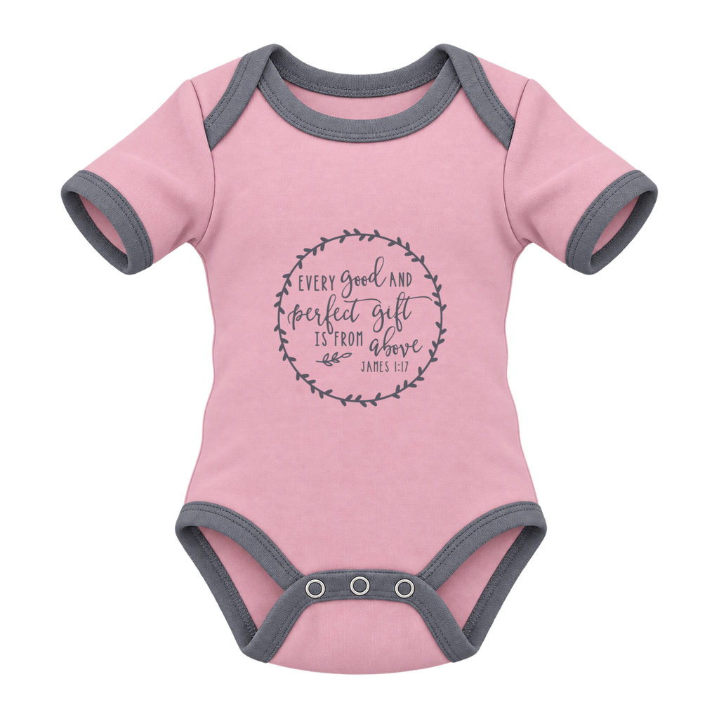 Every Good And Perfect Gift baby grow, Pink and Grey