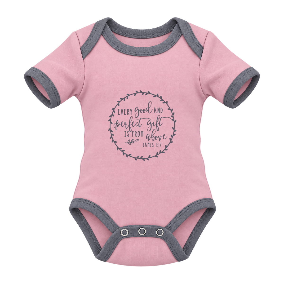 Every Good And Perfect Gift baby grow, Pink and Grey