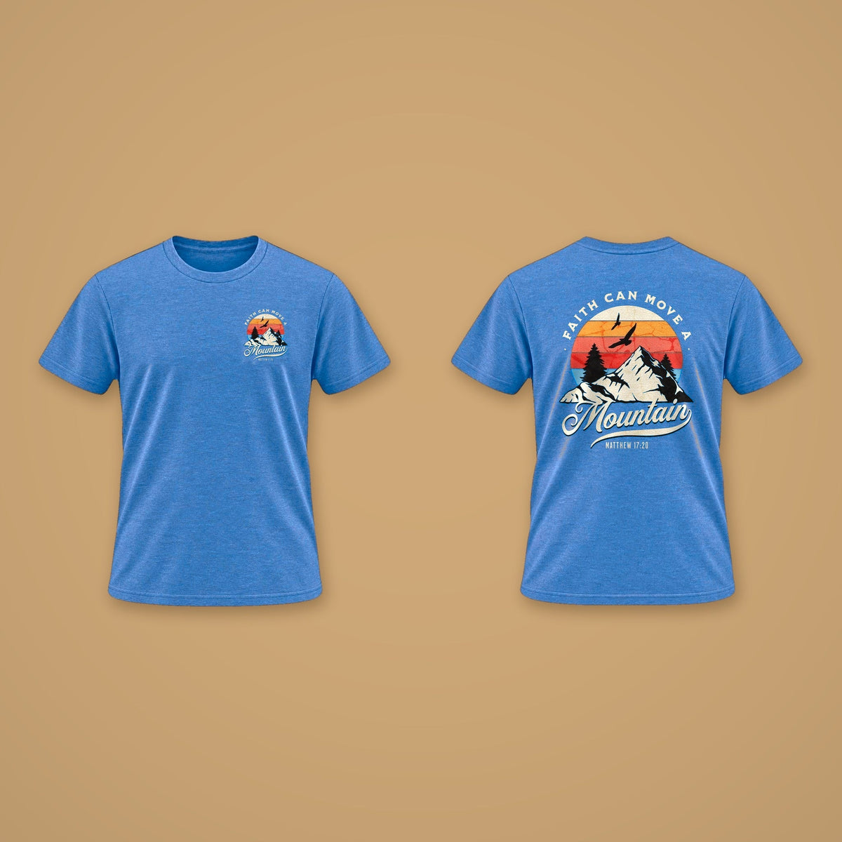 Faith Can Move A Mountain Men's Tee – Blue Melange – front and back