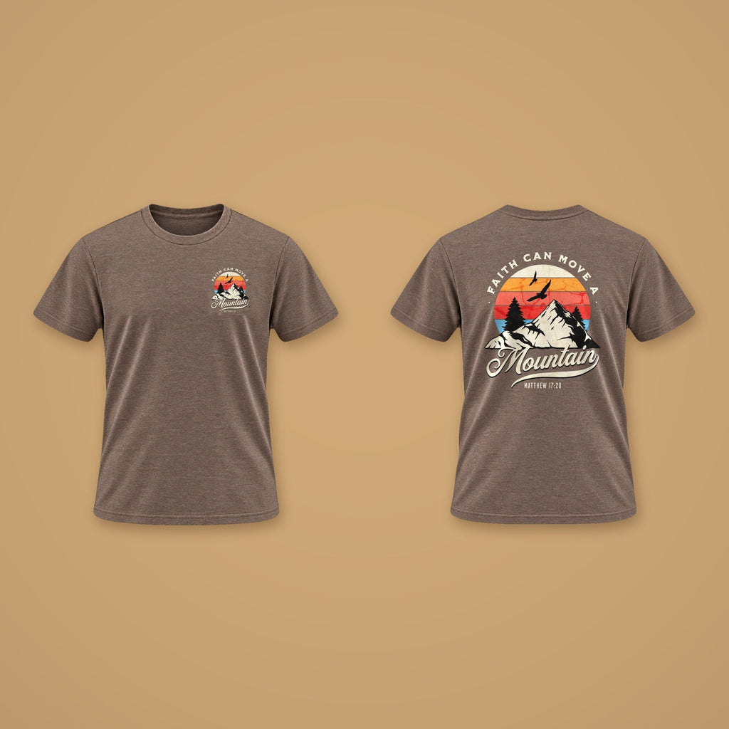 Faith Can Move A Mountain Men's Tee – Brown Melange – front and back