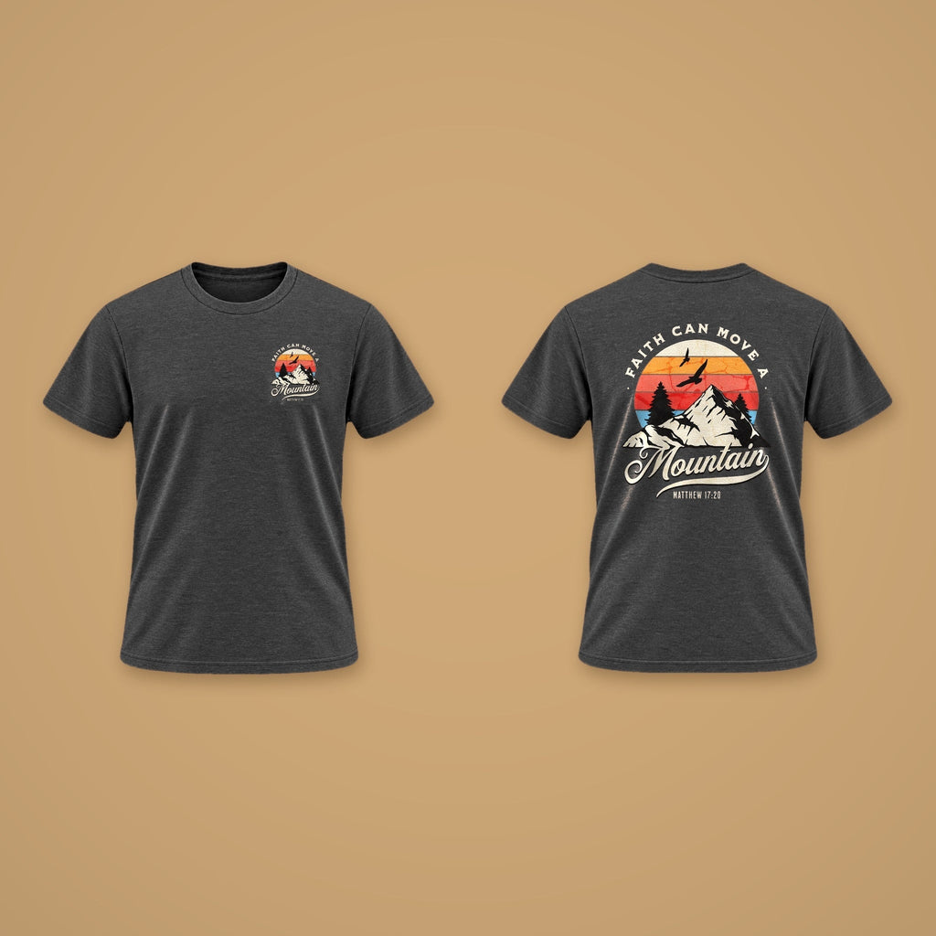 Faith Can Move A Mountain Men's Tee – Charcoal Melange – front and back