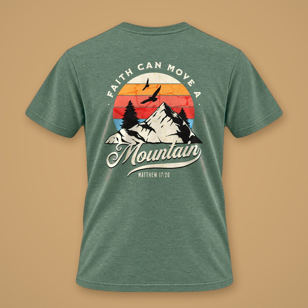 Faith Can Move A Mountain Men's Tee – Green Melange – back