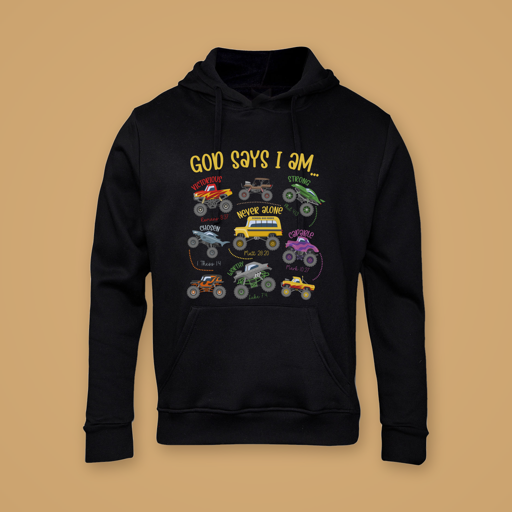 God Says I Am Kids Winter Hoodie – Black – Front