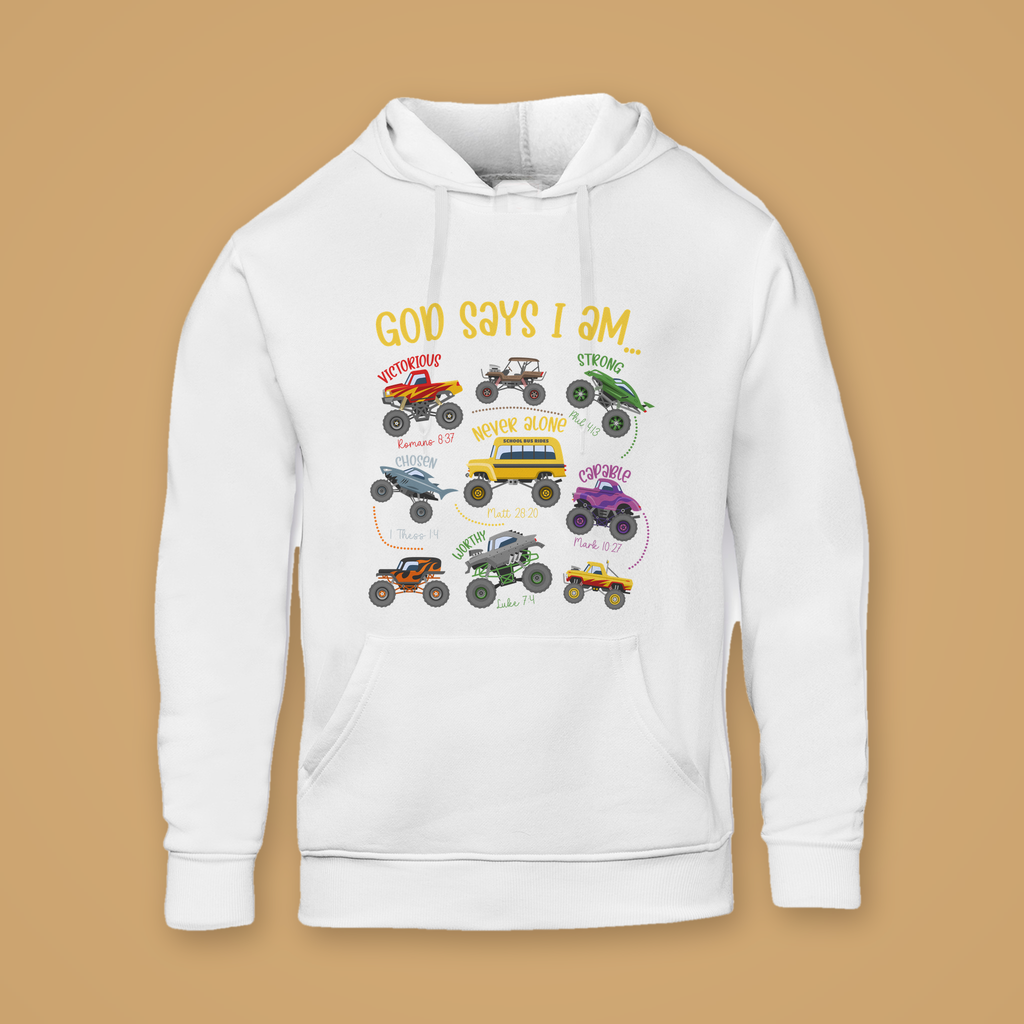 God Says I Am Kids Winter Hoodie – White – Front