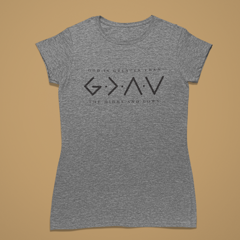 A heather gray short-sleeve t-shirt with a black graphic print on the front reading 'G.N.