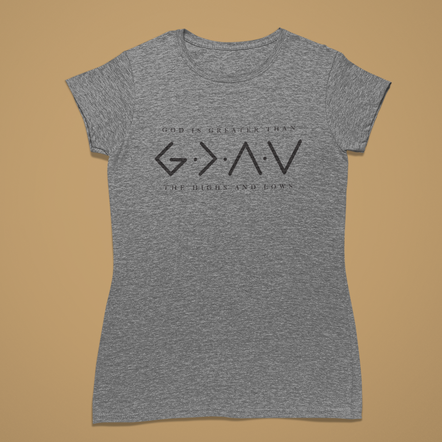 A heather gray short-sleeve t-shirt with a black graphic print on the front reading 'G.N.